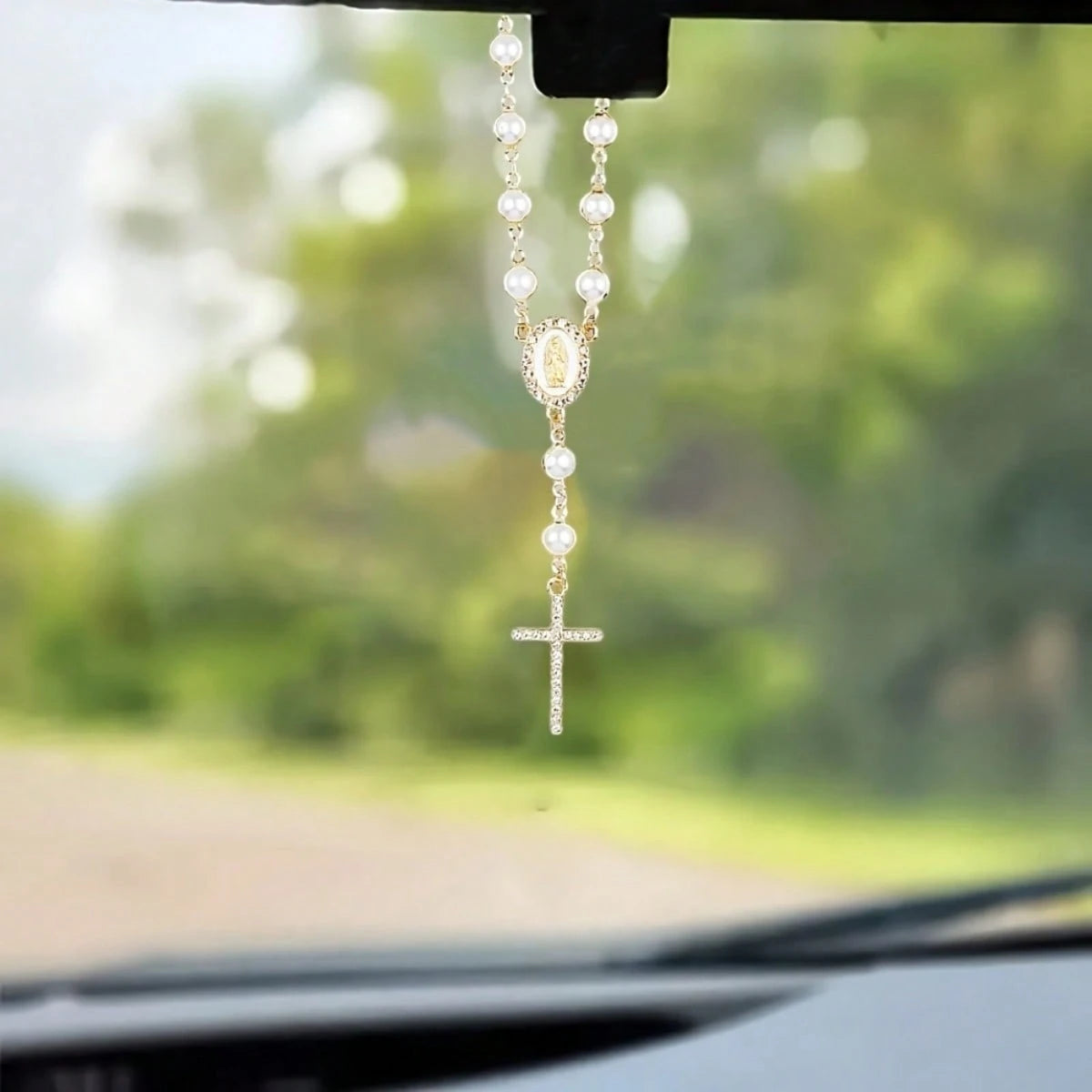 Pearl Rosary Cross Pendant Rearview Mirror Charm- Elegant Catholic Religious Rearview Mirror Decor With Glossy Beads- Fits Most Cars/SUVs- Inspirational Gift For Baptism/First Communion/Christmas (