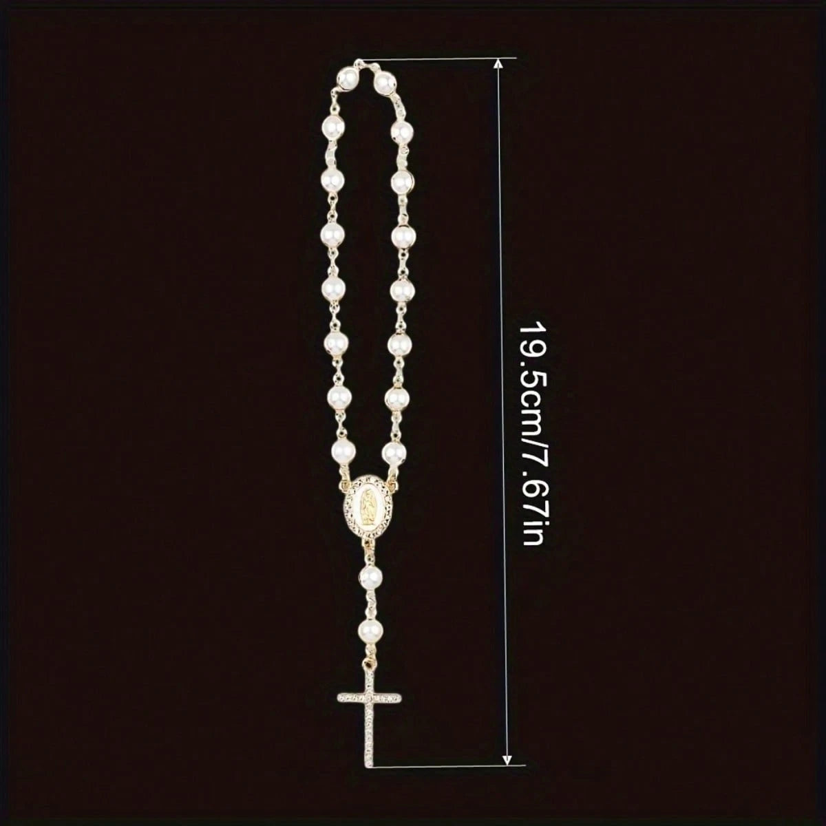 Pearl Rosary Cross Pendant Rearview Mirror Charm- Elegant Catholic Religious Rearview Mirror Decor With Glossy Beads- Fits Most Cars/SUVs- Inspirational Gift For Baptism/First Communion/Christmas (
