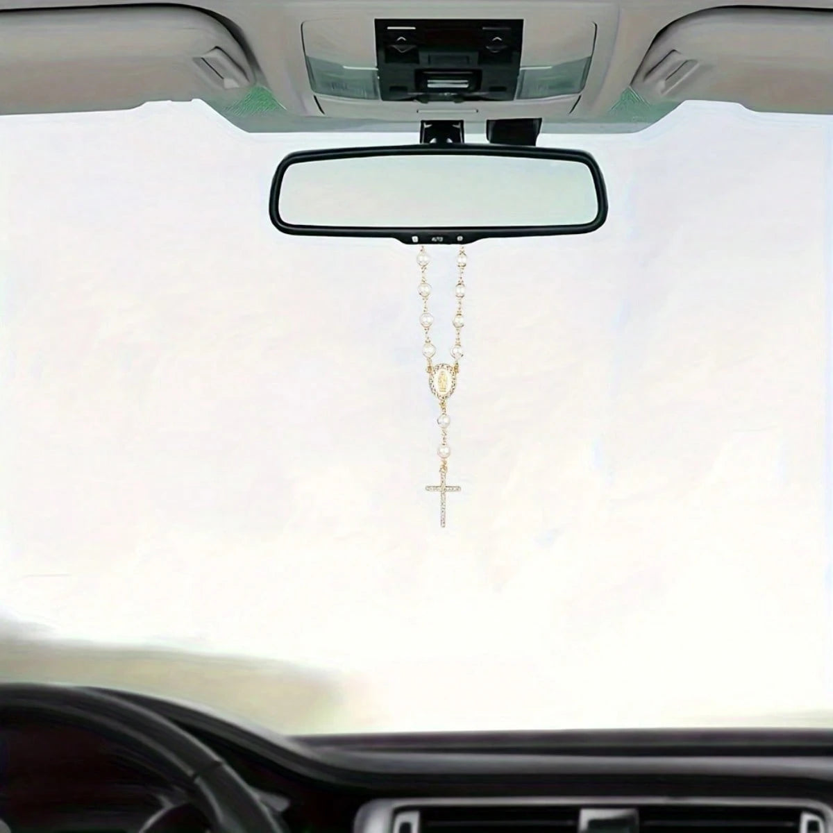 Pearl Rosary Cross Pendant Rearview Mirror Charm- Elegant Catholic Religious Rearview Mirror Decor With Glossy Beads- Fits Most Cars/SUVs- Inspirational Gift For Baptism/First Communion/Christmas (
