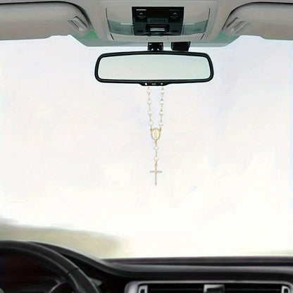 Pearl Rosary Cross Pendant Rearview Mirror Charm- Elegant Catholic Religious Rearview Mirror Decor With Glossy Beads- Fits Most Cars/SUVs- Inspirational Gift For Baptism/First Communion/Christmas (