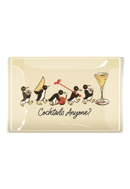 Penguins Marching Cocktails Anyone Decoupage Glass Tray - Ben's Garden