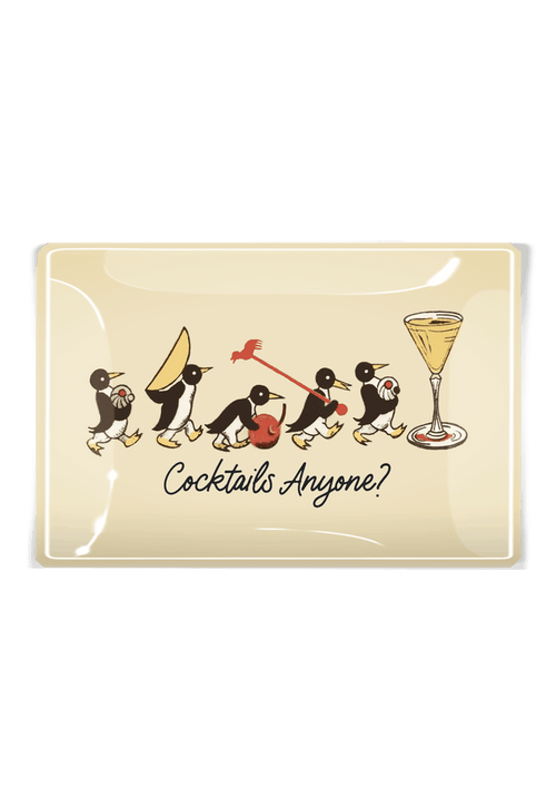 Penguins Marching Cocktails Anyone Decoupage Glass Tray - Ben's Garden