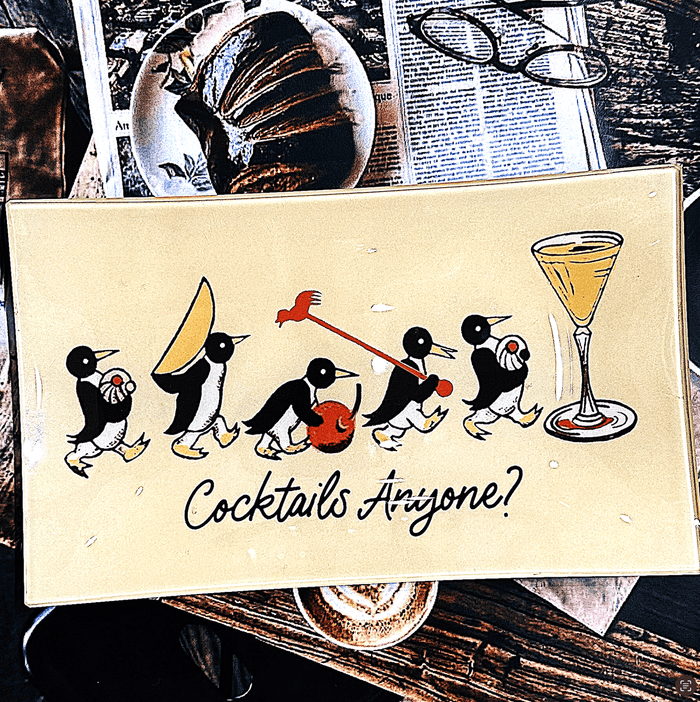 Penguins Marching Cocktails Anyone Decoupage Glass Tray - Ben's Garden