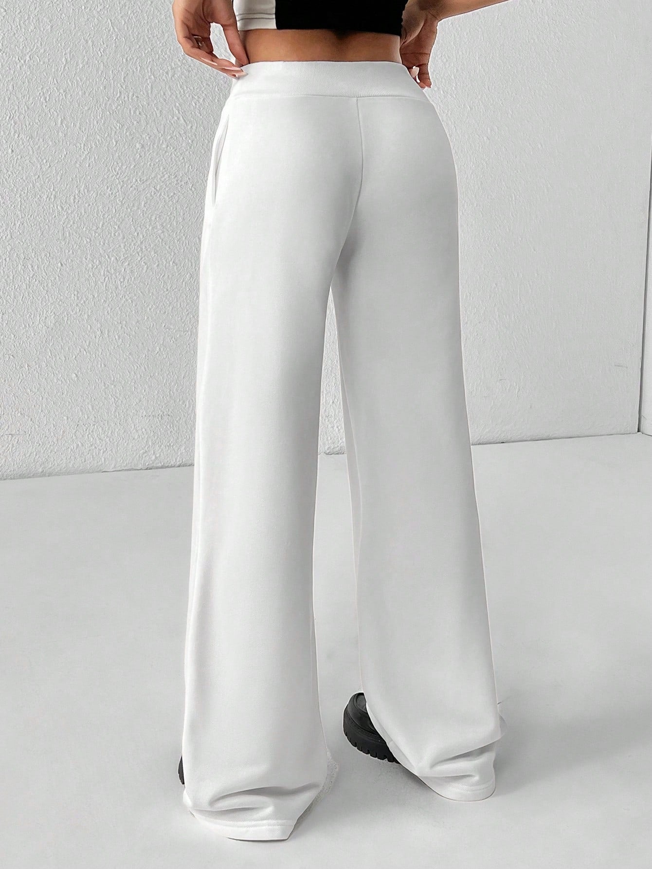 PETITE Comfortable And Casual Plain Knitted Low-Rise Wide-Leg Women's Sweatpants,Petite Women