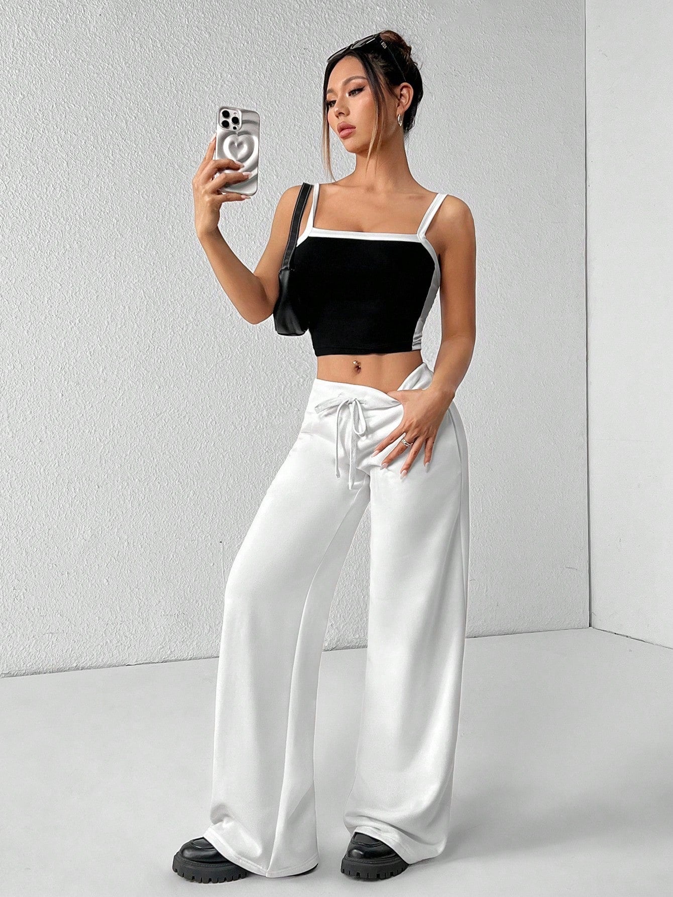 PETITE Comfortable And Casual Plain Knitted Low-Rise Wide-Leg Women's Sweatpants,Petite Women