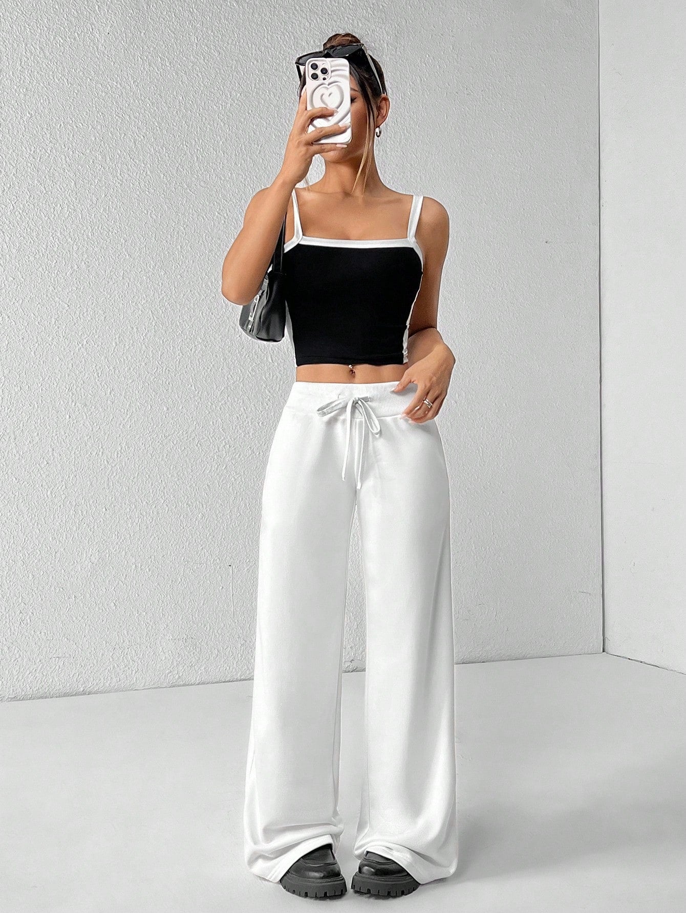 PETITE Comfortable And Casual Plain Knitted Low-Rise Wide-Leg Women's Sweatpants,Petite Women