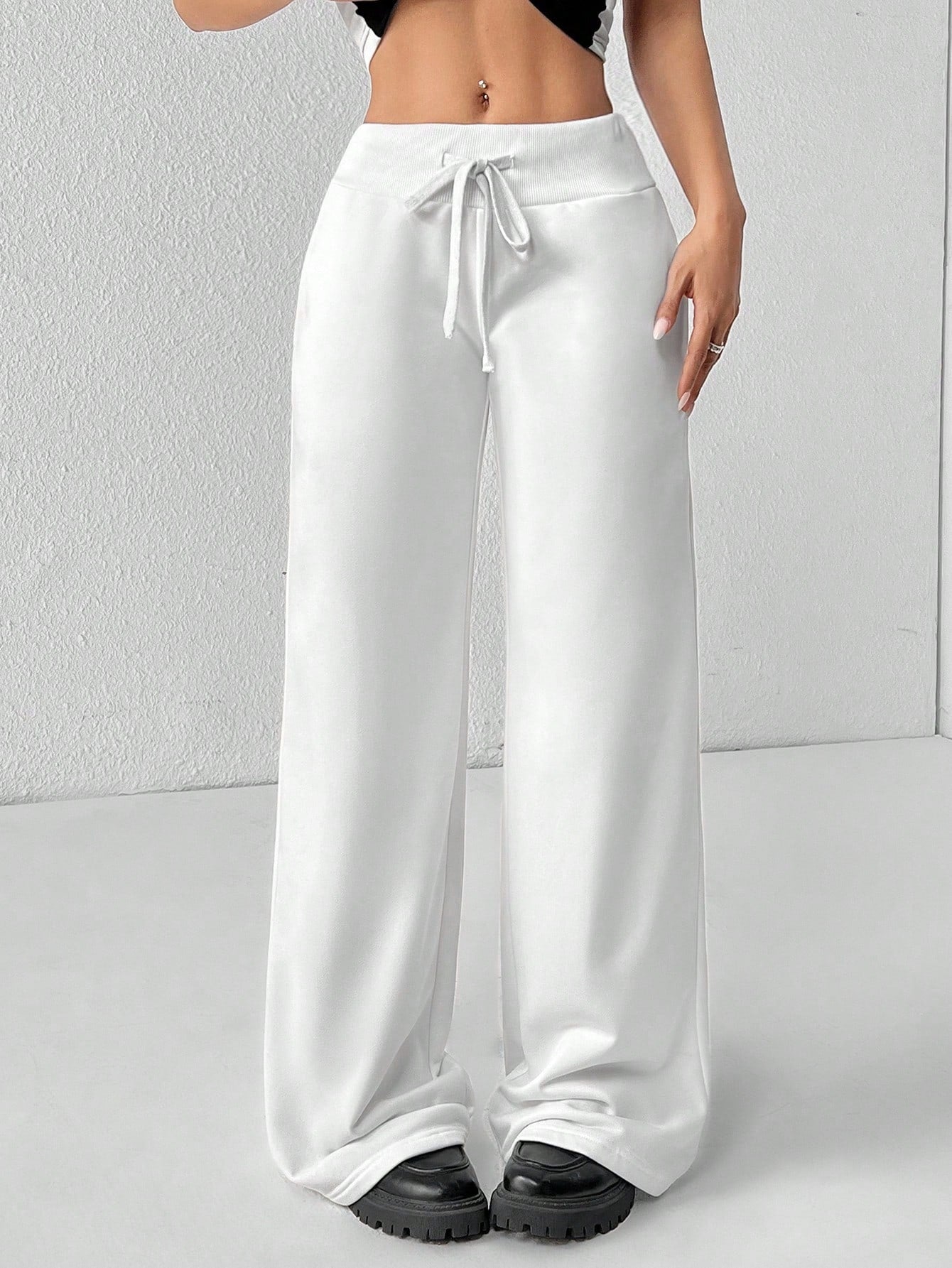 PETITE Comfortable And Casual Plain Knitted Low-Rise Wide-Leg Women's Sweatpants,Petite Women