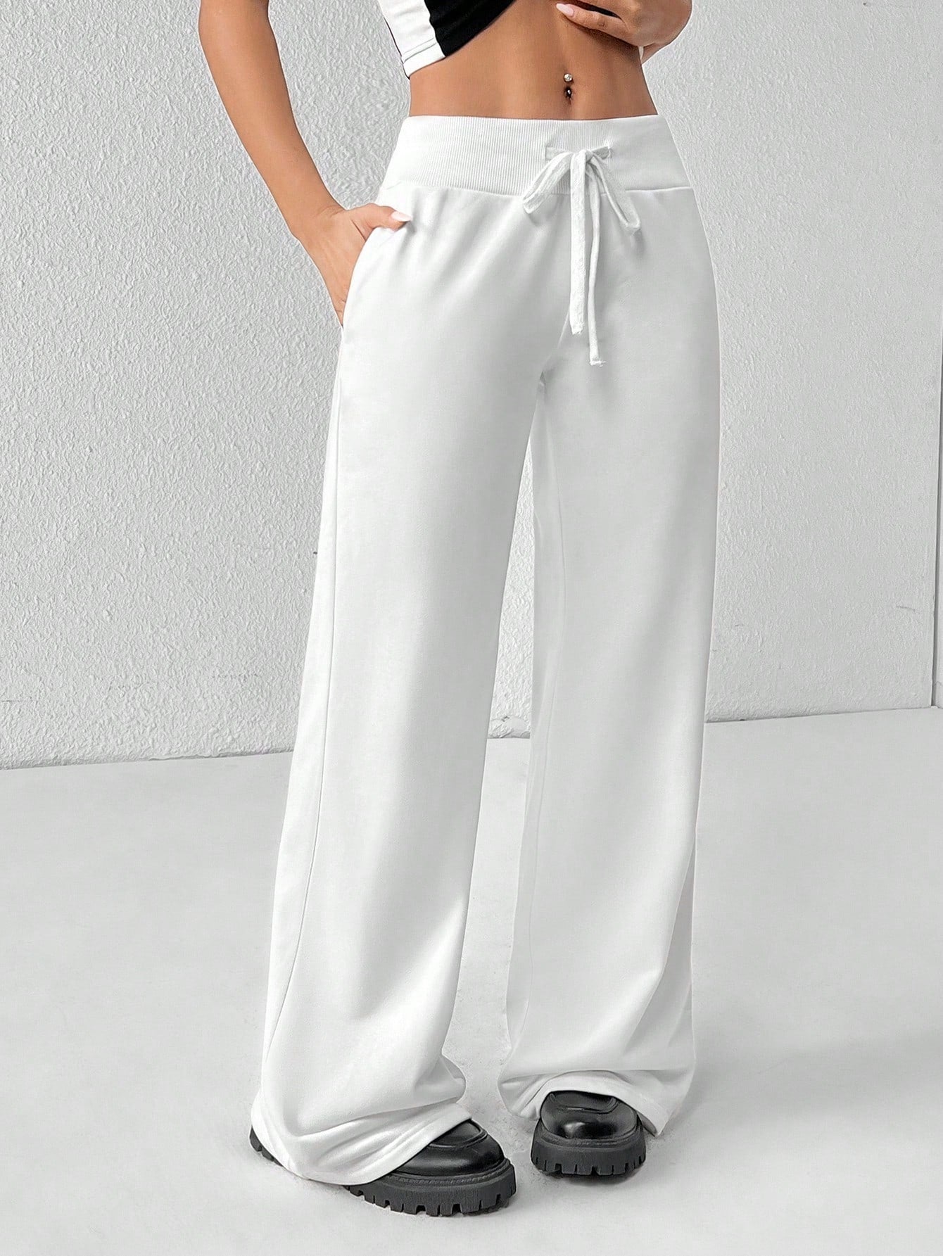 PETITE Comfortable And Casual Plain Knitted Low-Rise Wide-Leg Women's Sweatpants,Petite Women