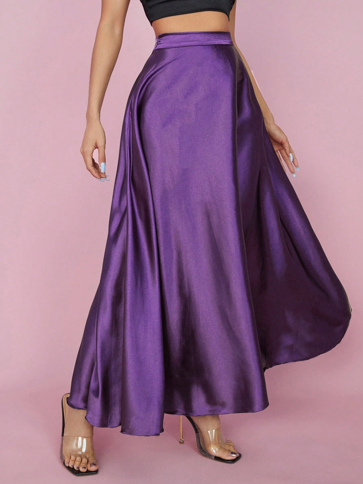 PETITE High Waist Solid Flared Party Women Skirt,Petite Women