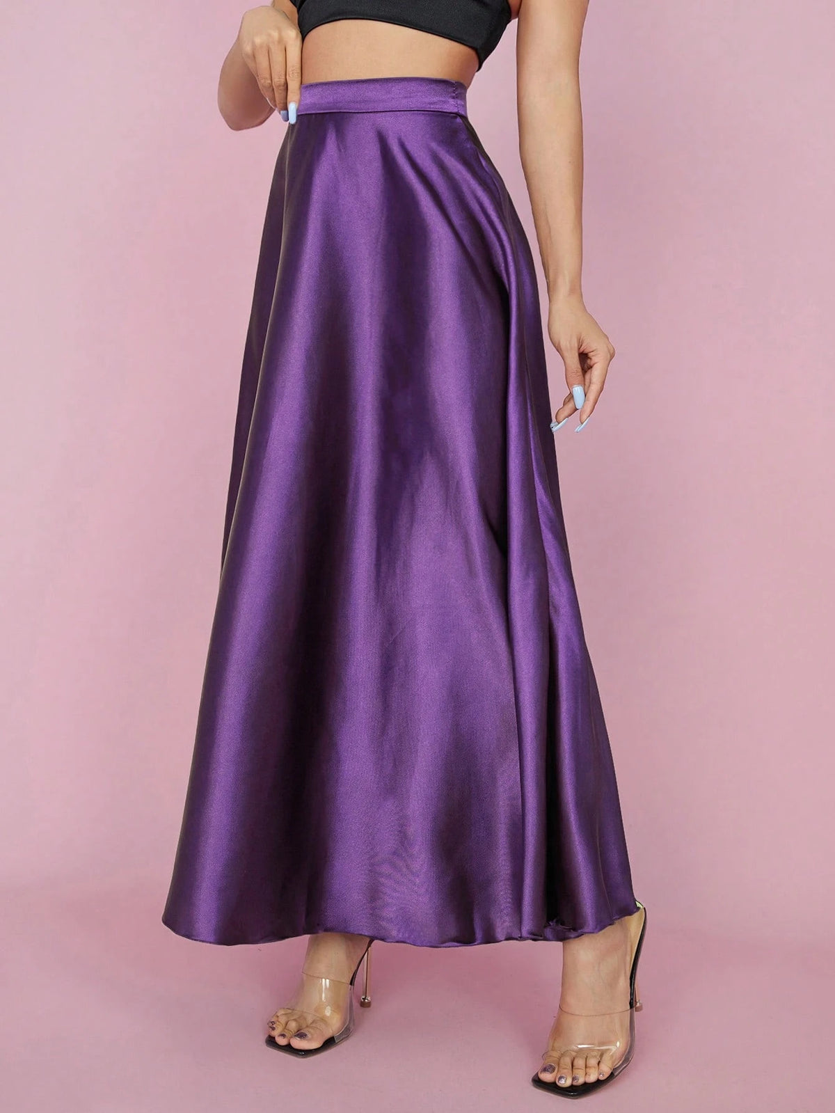 PETITE High Waist Solid Flared Party Women Skirt,Petite Women