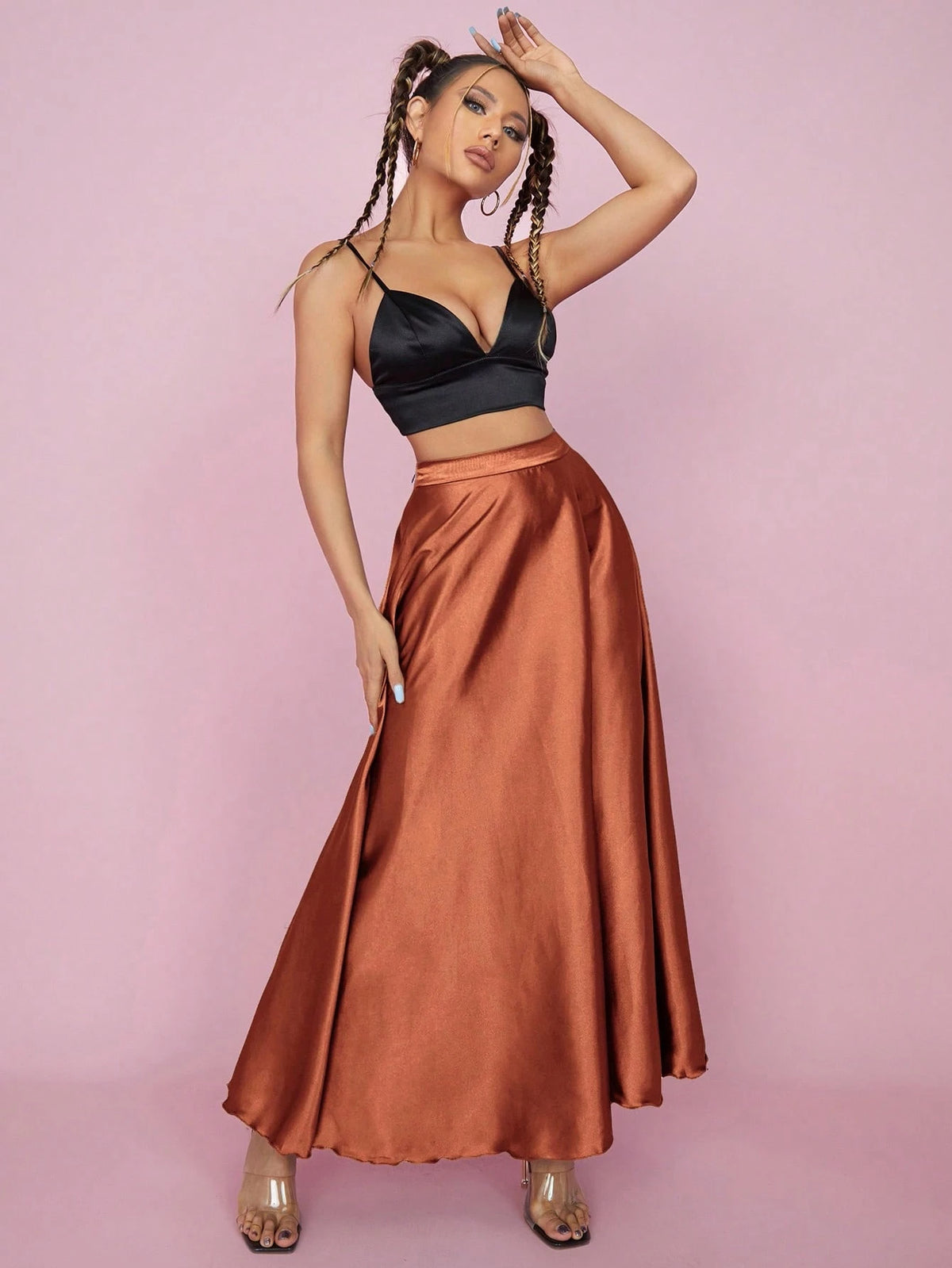 PETITE High Waist Solid Flared Party Women Skirt,Petite Women