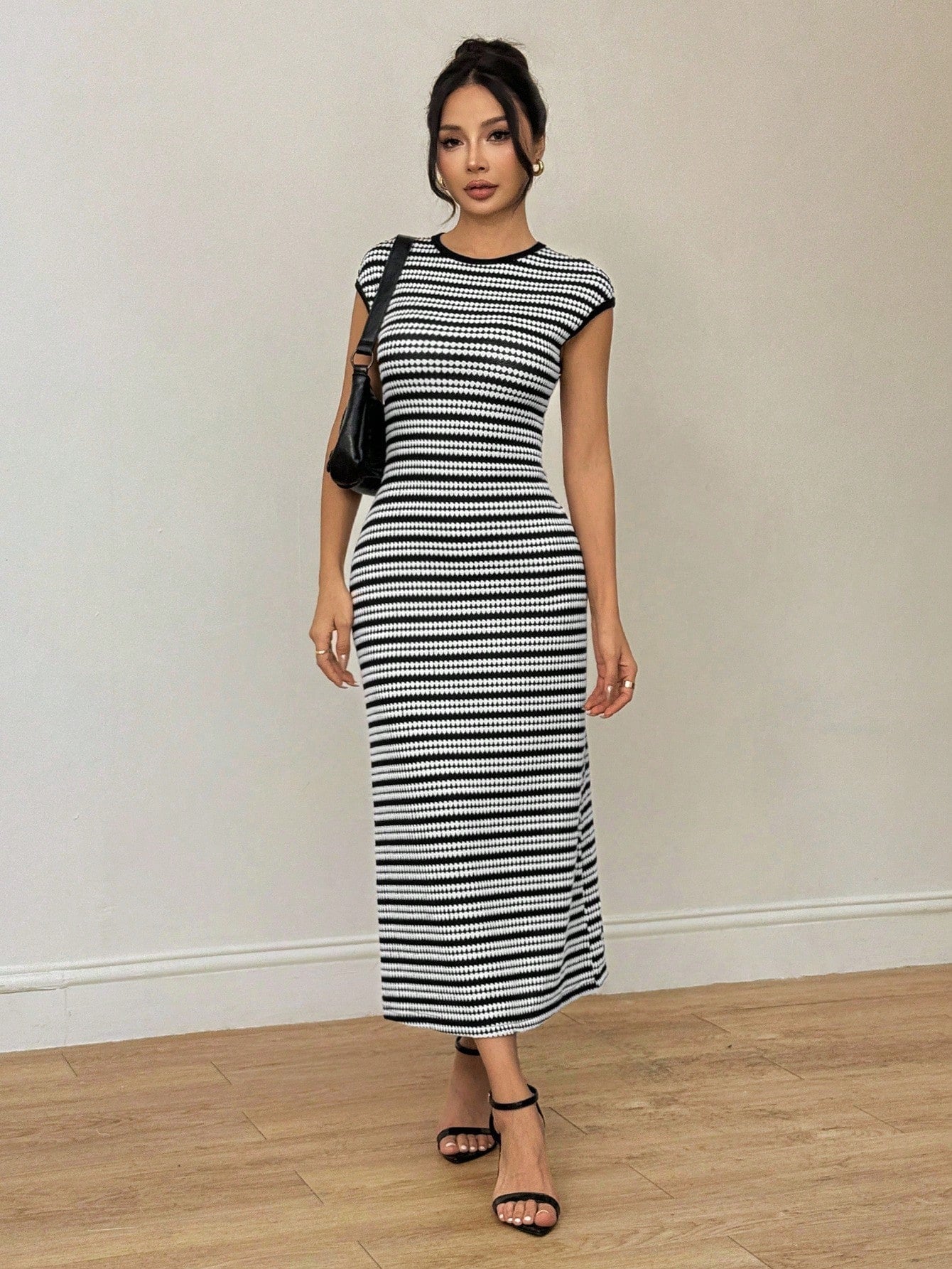 PETITE Petite Women's Sleeveless Dress,Black And White Striped Checkered,Summer,Elegant,Brunch Vacation Travel,Striped Collar,Wedding Guest,Old Money Style