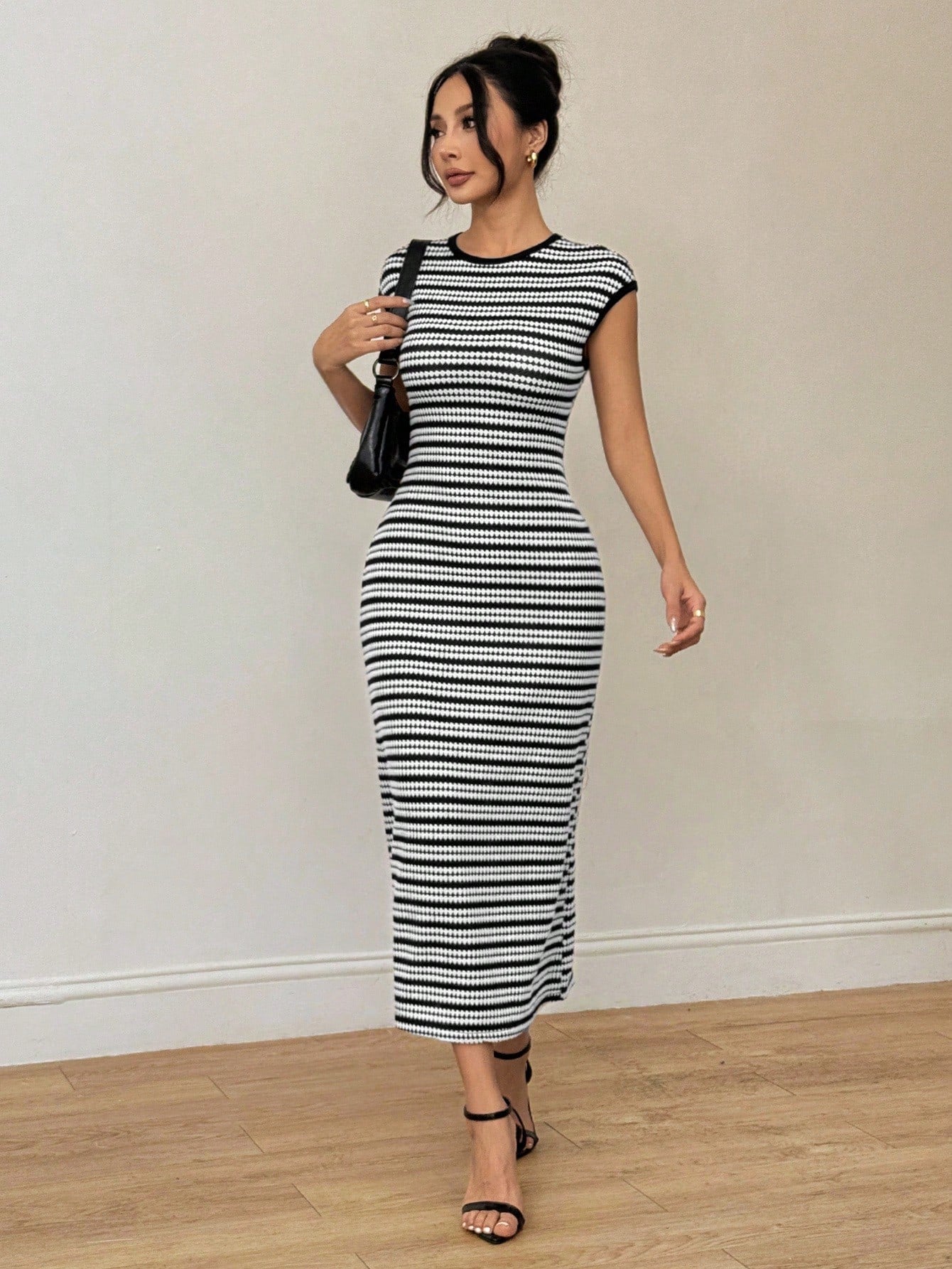 PETITE Petite Women's Sleeveless Dress,Black And White Striped Checkered,Summer,Elegant,Brunch Vacation Travel,Striped Collar,Wedding Guest,Old Money Style