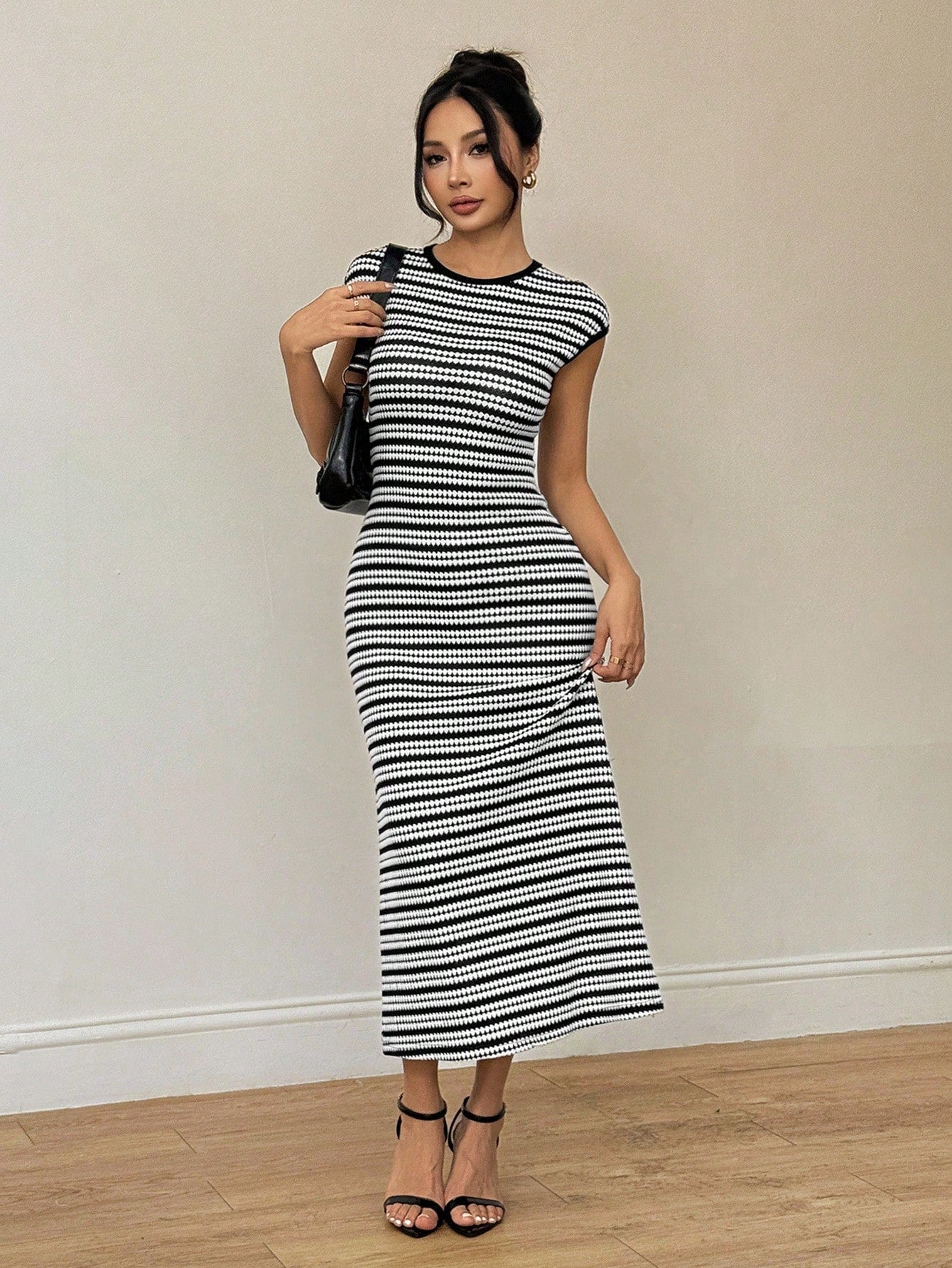 PETITE Petite Women's Sleeveless Dress,Black And White Striped Checkered,Summer,Elegant,Brunch Vacation Travel,Striped Collar,Wedding Guest,Old Money Style