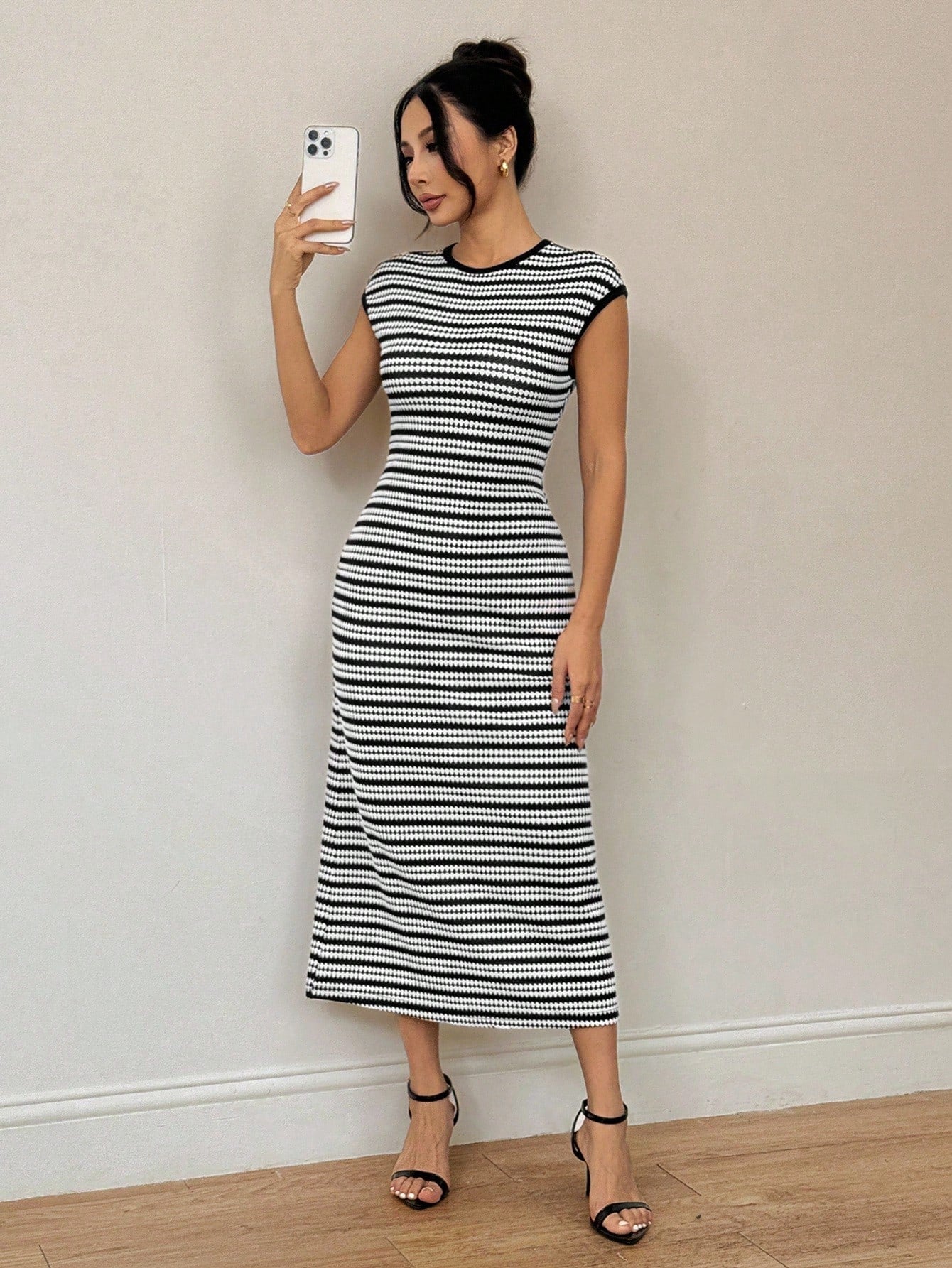 PETITE Petite Women's Sleeveless Dress,Black And White Striped Checkered,Summer,Elegant,Brunch Vacation Travel,Striped Collar,Wedding Guest,Old Money Style