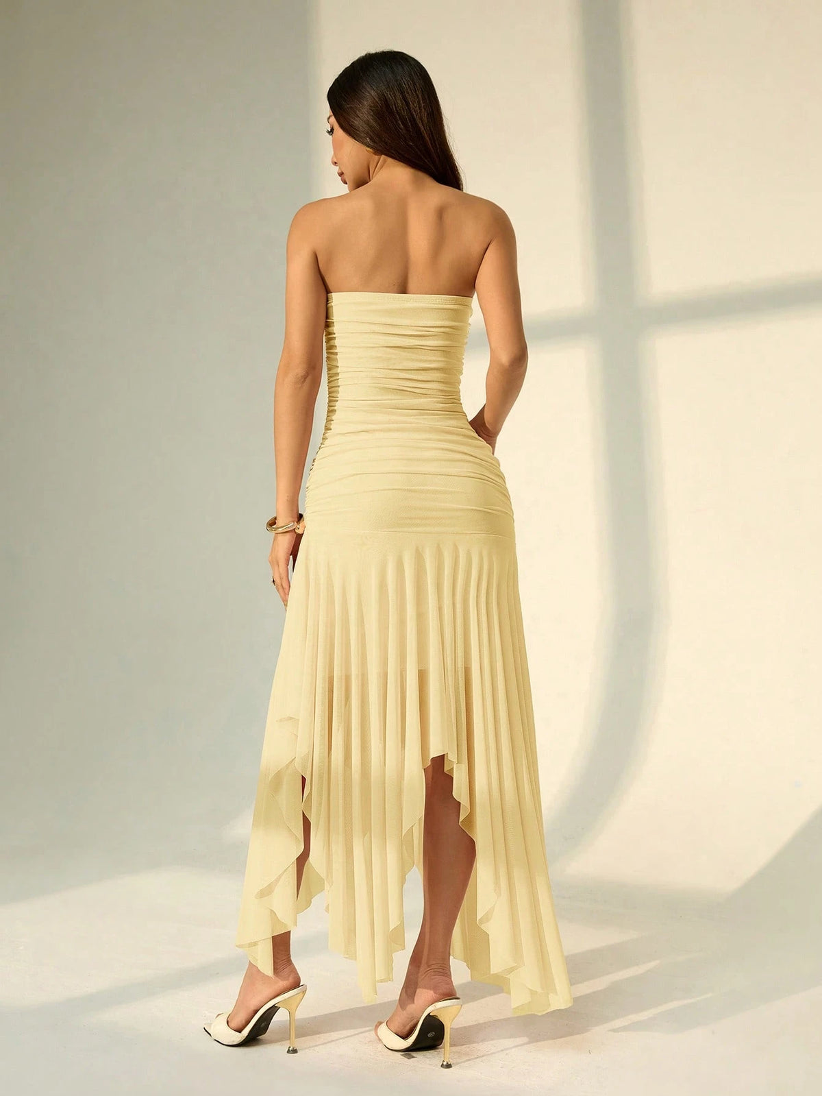 PETITE Women's Asymmetrical Hem Ruffle Strapless Dress, Suitable For Dates And Wedding Season,Summer Dresses For Women,Petite Women