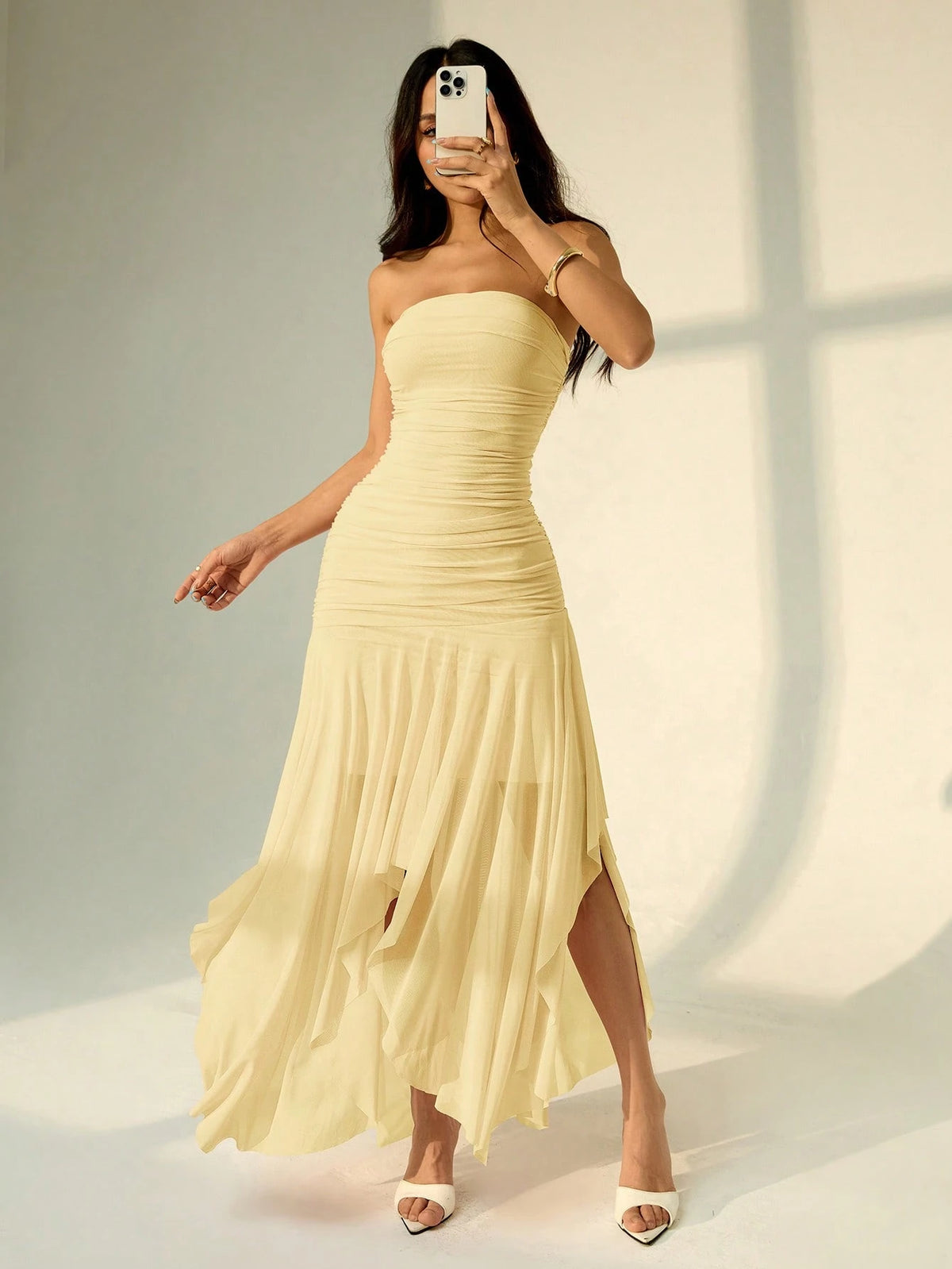 PETITE Women's Asymmetrical Hem Ruffle Strapless Dress, Suitable For Dates And Wedding Season,Summer Dresses For Women,Petite Women