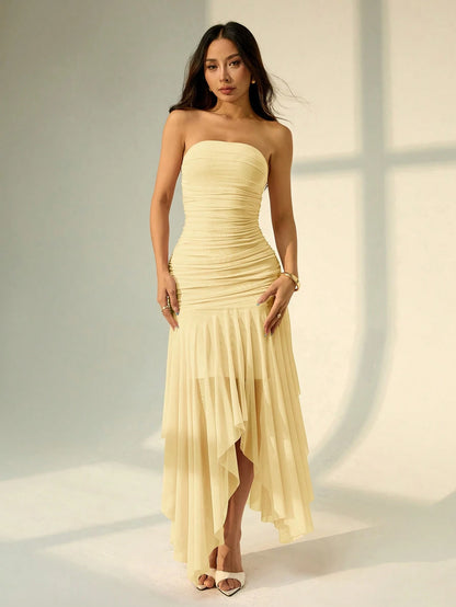 PETITE Women's Asymmetrical Hem Ruffle Strapless Dress, Suitable For Dates And Wedding Season,Summer Dresses For Women,Petite Women