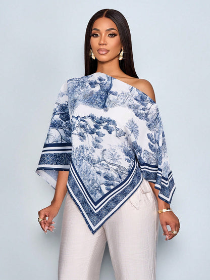 PETITE Women's Casual Chic Elegant Summer Brown Print Blouse Asymmetrical Collar Batwing Sleeve Loose Shirt For Party Vacation Daily Commuting Going Out,Petite Women