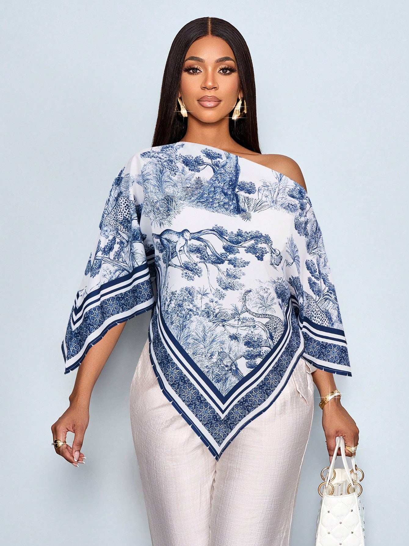 PETITE Women's Casual Chic Elegant Summer Brown Print Blouse Asymmetrical Collar Batwing Sleeve Loose Shirt For Party Vacation Daily Commuting Going Out,Petite Women
