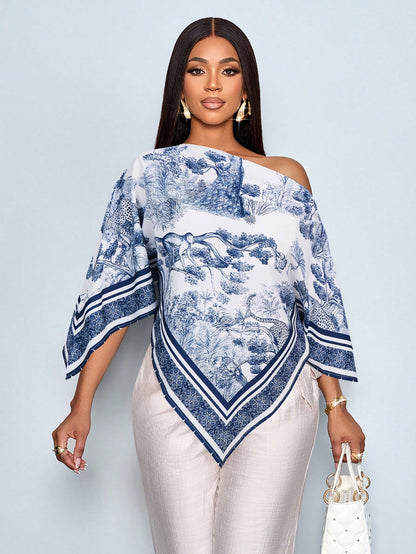 PETITE Women's Casual Chic Elegant Summer Brown Print Blouse Asymmetrical Collar Batwing Sleeve Loose Shirt For Party Vacation Daily Commuting Going Out,Petite Women