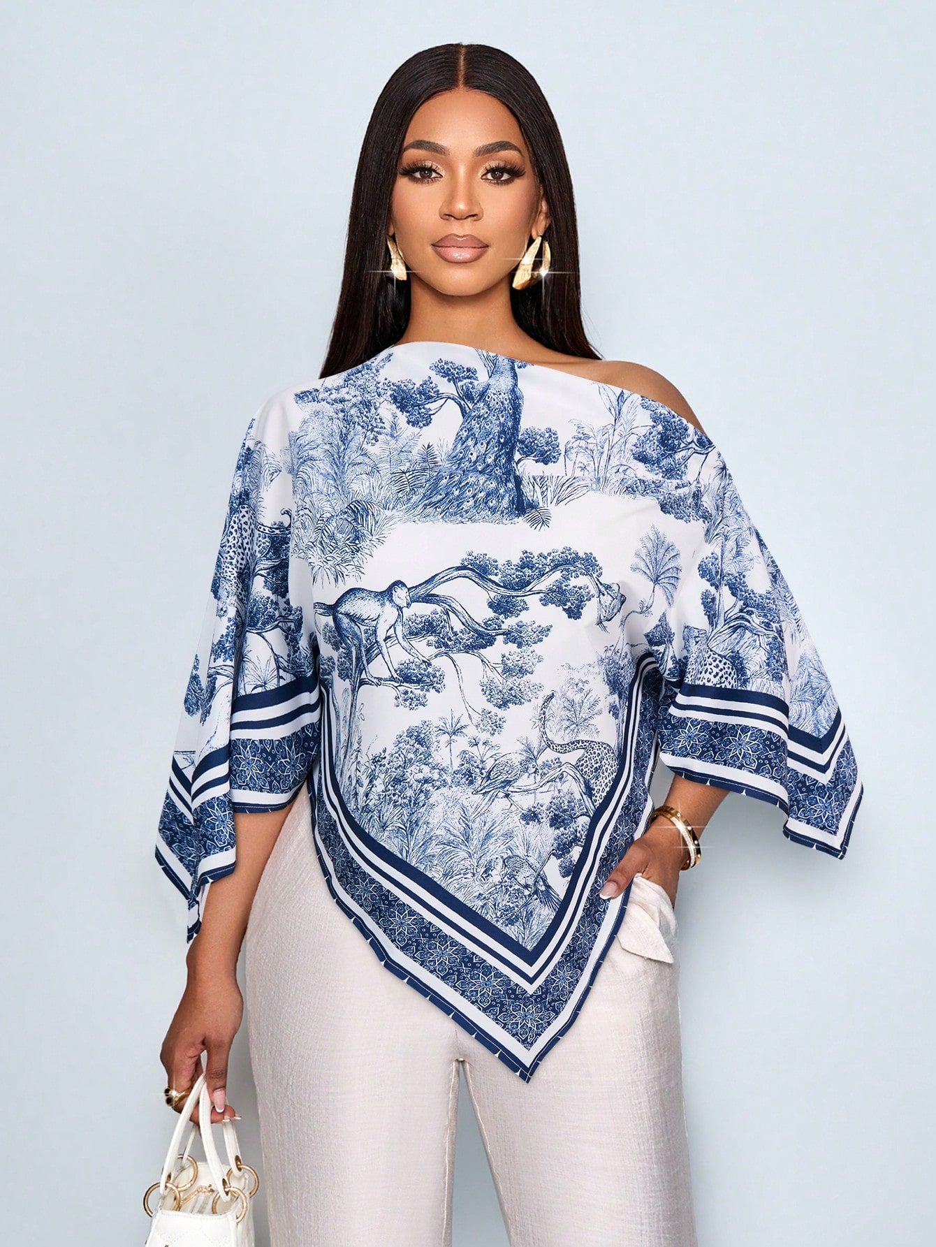PETITE Women's Casual Chic Elegant Summer Brown Print Blouse Asymmetrical Collar Batwing Sleeve Loose Shirt For Party Vacation Daily Commuting Going Out,Petite Women