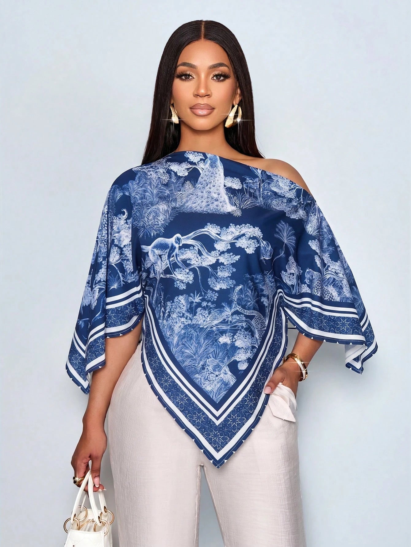 PETITE Women's Casual Chic Elegant Summer Brown Print Blouse Asymmetrical Collar Batwing Sleeve Loose Shirt For Party Vacation Daily Commuting Going Out,Petite Women