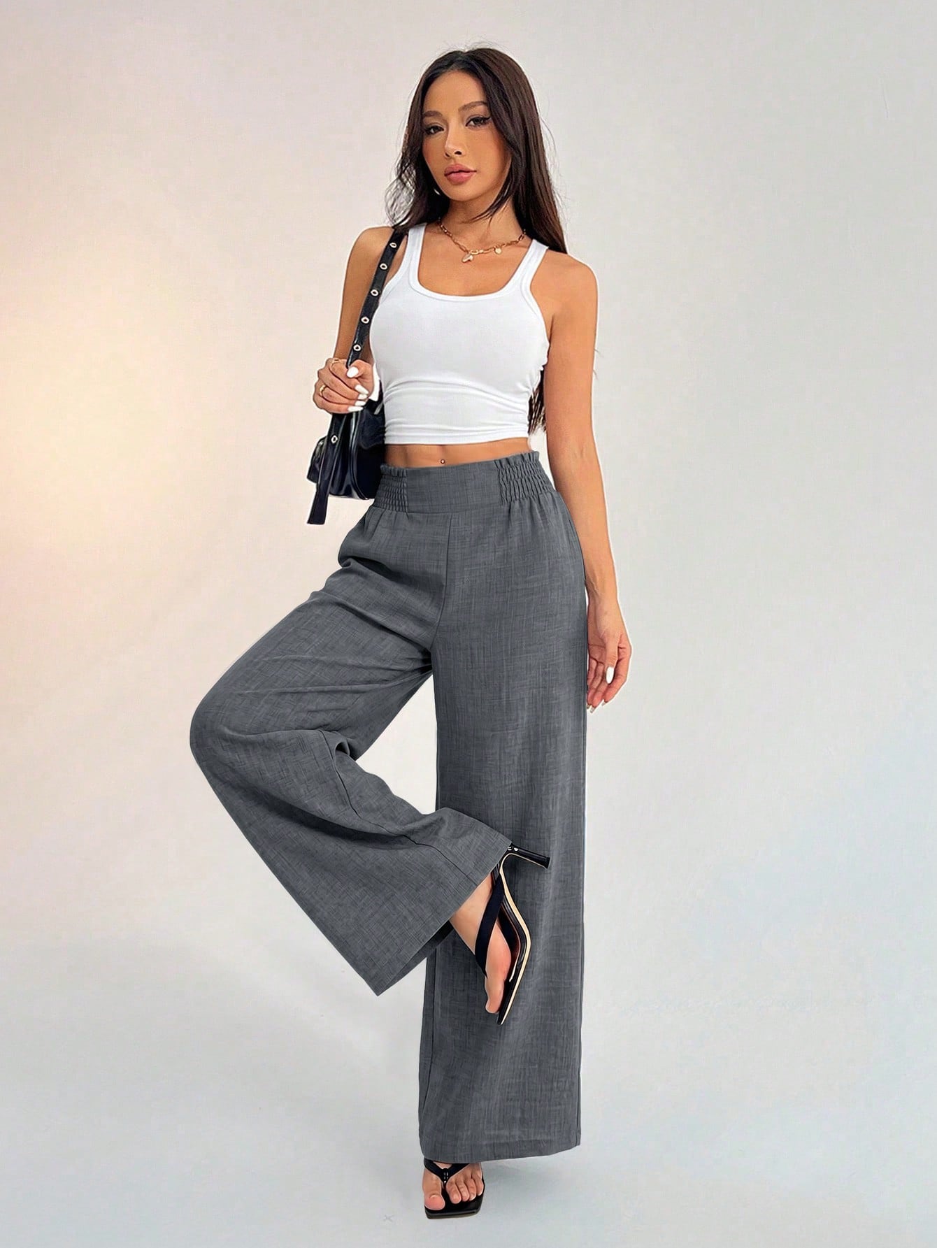 PETITE Women's Casual Vacation Waistband Blue Wide Leg Pants,Petite Women