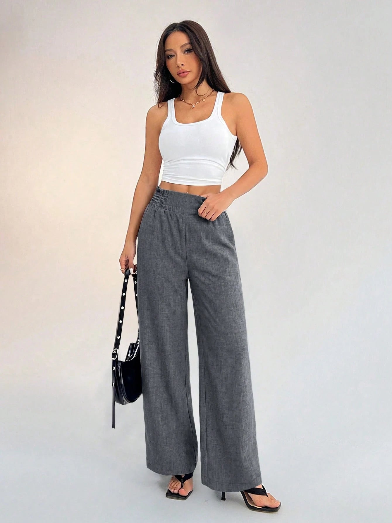PETITE Women's Casual Vacation Waistband Blue Wide Leg Pants,Petite Women