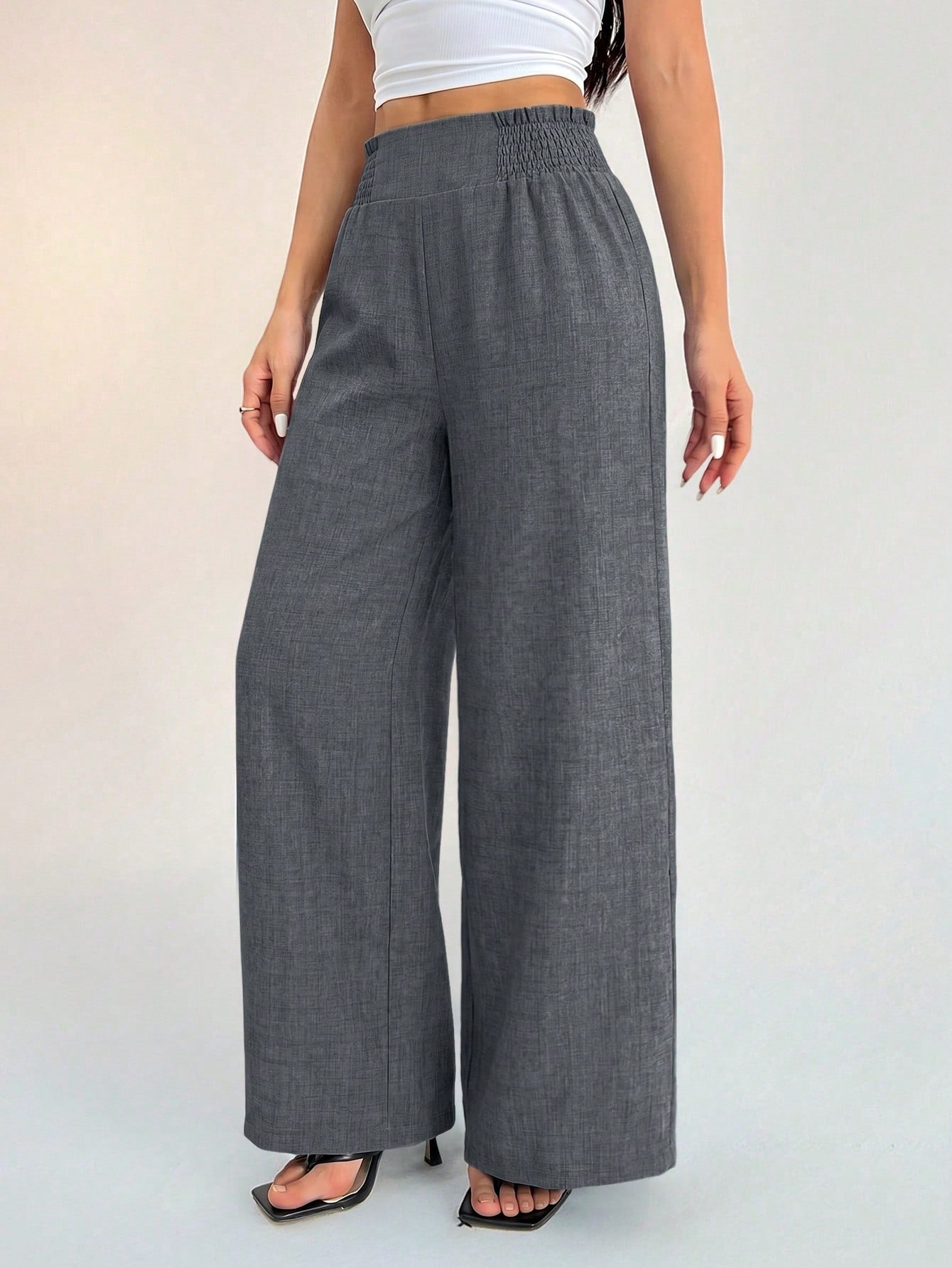 PETITE Women's Casual Vacation Waistband Blue Wide Leg Pants,Petite Women