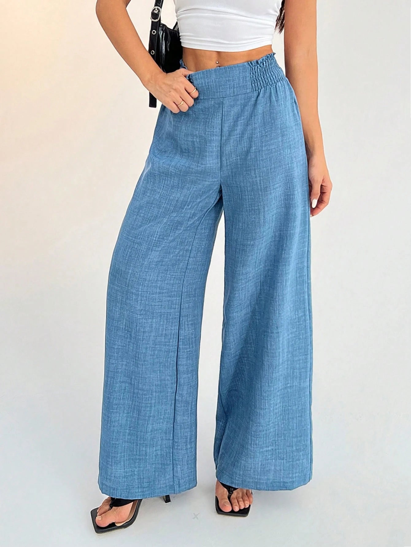 PETITE Women's Casual Vacation Waistband Dusty Blue Wide Leg Pants,Petite Women Vacation Summer