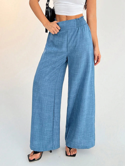 PETITE Women's Casual Vacation Waistband Dusty Blue Wide Leg Pants,Petite Women Vacation Summer