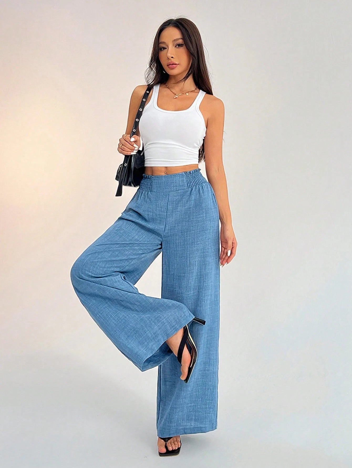 PETITE Women's Casual Vacation Waistband Dusty Blue Wide Leg Pants,Petite Women Vacation Summer