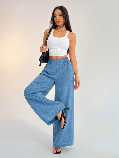 PETITE Women's Casual Vacation Waistband Dusty Blue Wide Leg Pants,Petite Women Vacation Summer