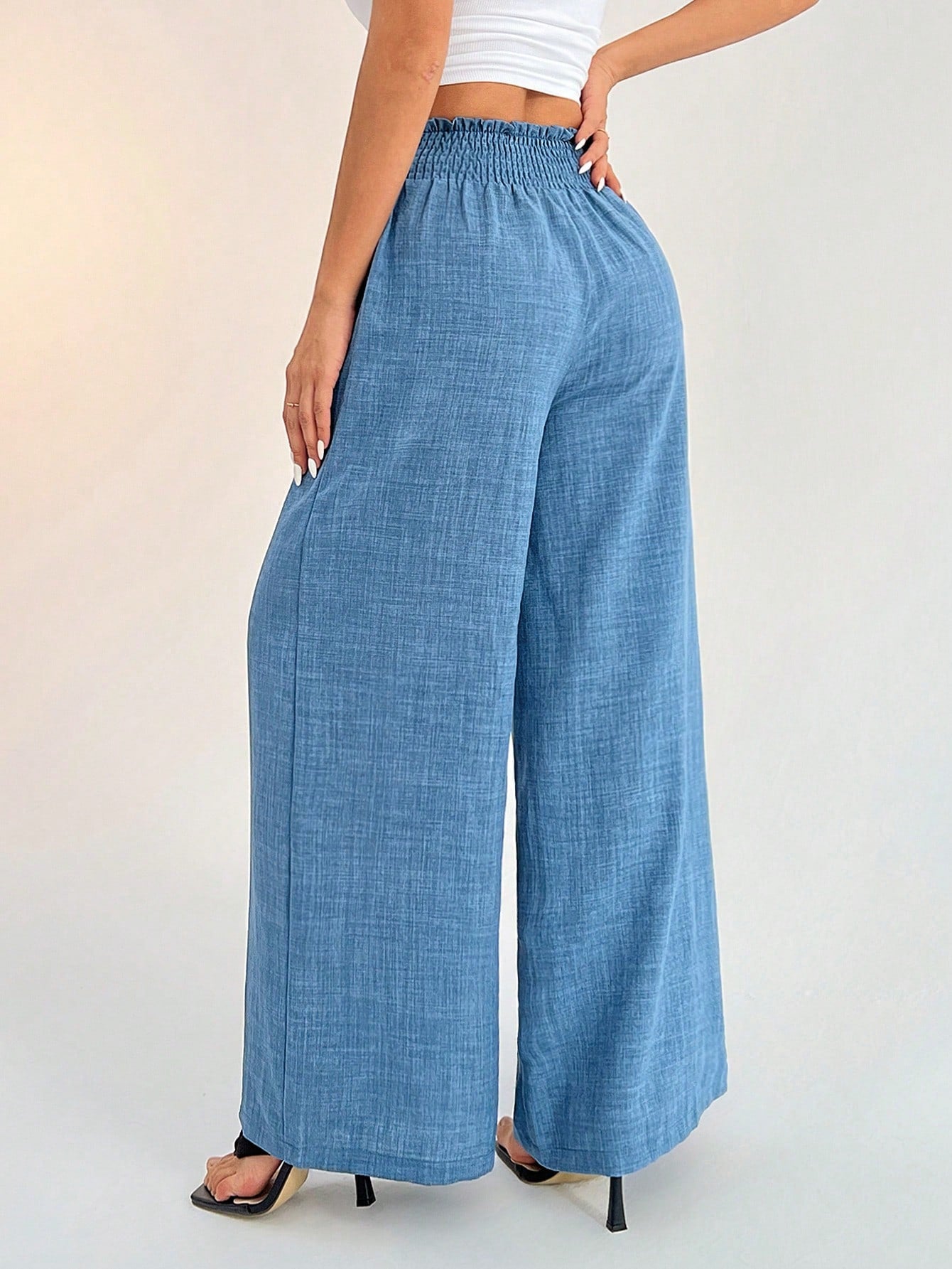 PETITE Women's Casual Vacation Waistband Dusty Blue Wide Leg Pants,Petite Women Vacation Summer