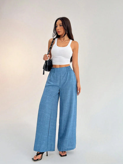 PETITE Women's Casual Vacation Waistband Dusty Blue Wide Leg Pants,Petite Women Vacation Summer