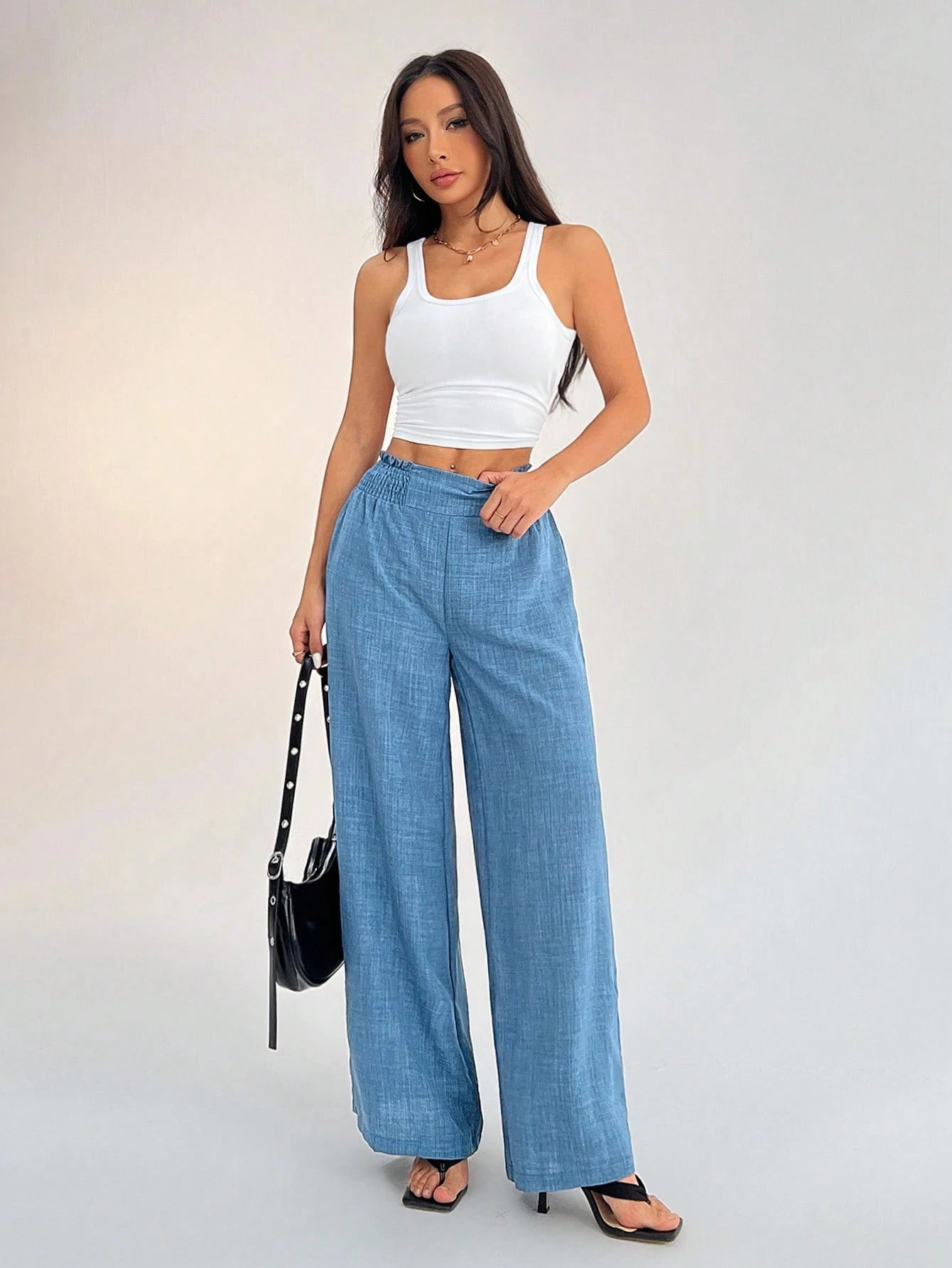 PETITE Women's Casual Vacation Waistband Dusty Blue Wide Leg Pants,Petite Women Vacation Summer