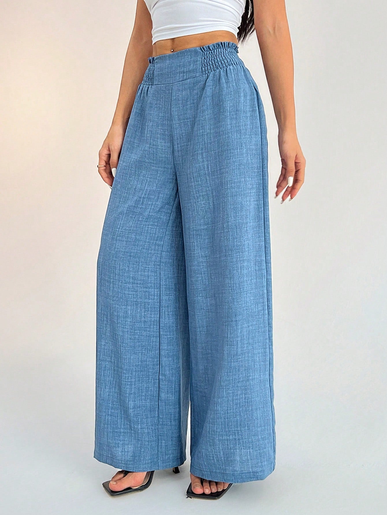 PETITE Women's Casual Vacation Waistband Dusty Blue Wide Leg Pants,Petite Women Vacation Summer