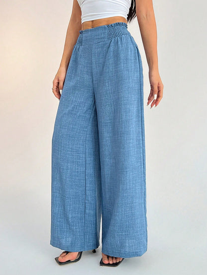PETITE Women's Casual Vacation Waistband Dusty Blue Wide Leg Pants,Petite Women Vacation Summer