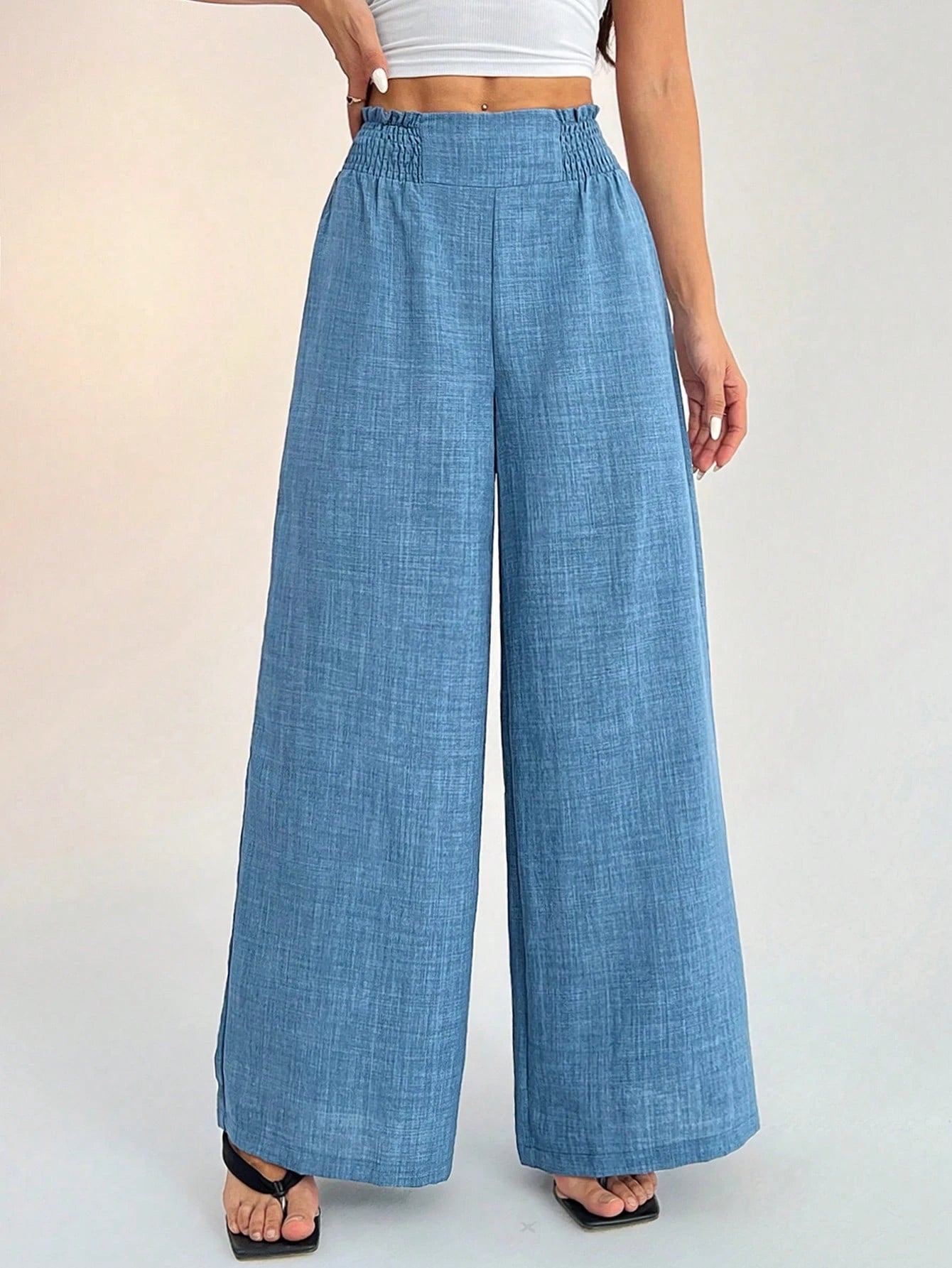 PETITE Women's Casual Vacation Waistband Dusty Blue Wide Leg Pants,Petite Women Vacation Summer