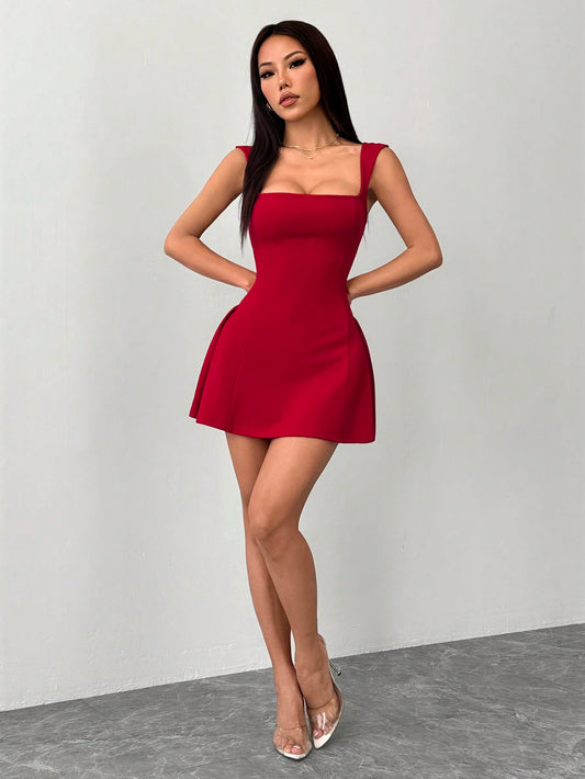 PETITE Women's Date Night Out Party Solid Color Dark Red Mini A-Plump Square Neck Sexy And Elegant Waist Bud Dress, Summer Dresses, Petite