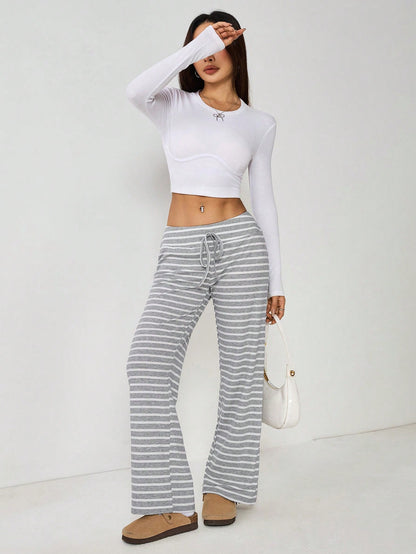 PETITE Women's Low Waist Grey Brushed Drawstring Yoga Loose Pants For Home,Petite Women Lounge Autumn Casual