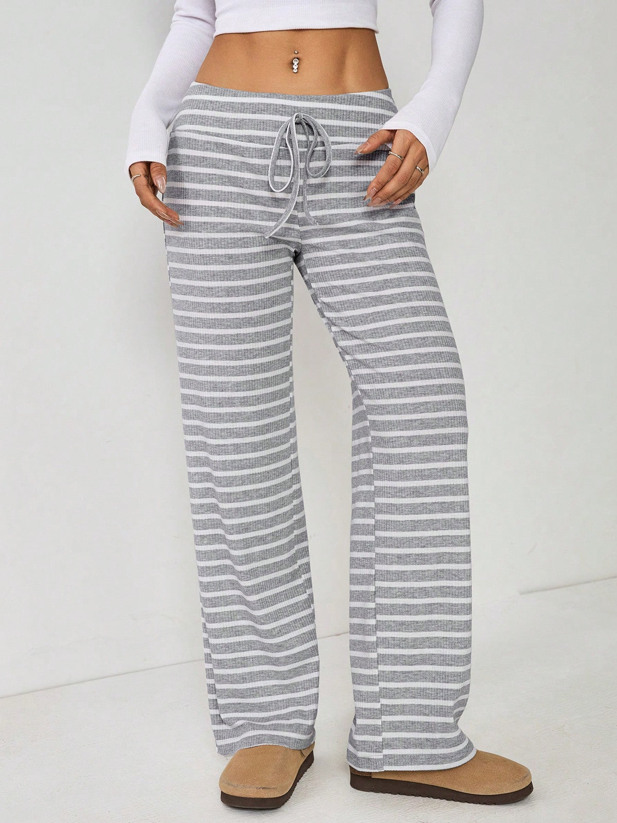 PETITE Women's Low Waist Grey Brushed Drawstring Yoga Loose Pants For Home,Petite Women Lounge Autumn Casual