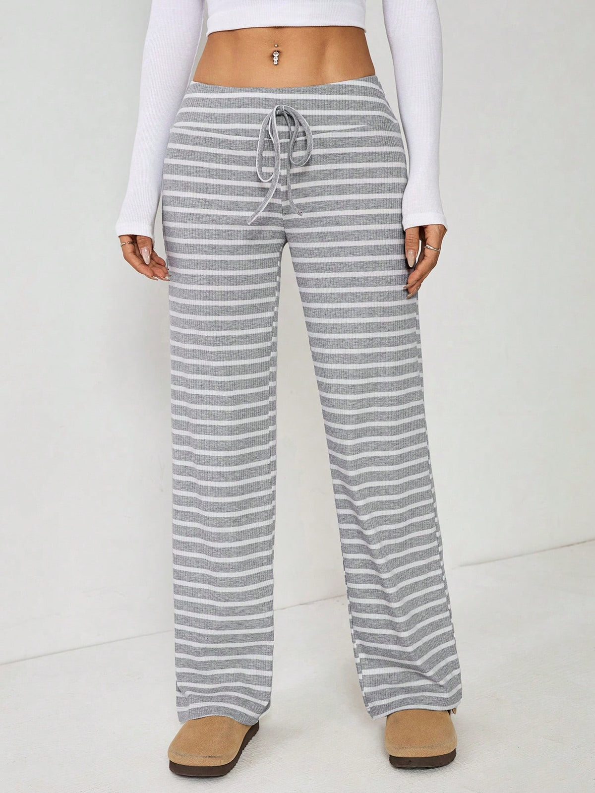 PETITE Women's Low Waist Grey Brushed Drawstring Yoga Loose Pants For Home,Petite Women Lounge Autumn Casual