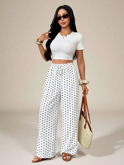 PETITE Women's Polka Dot Print Knotted Casual Loose Pants For Vacation, High-Waisted Wide-Leg Straight-Leg Trousers, Draped Autumn White And Black Beach