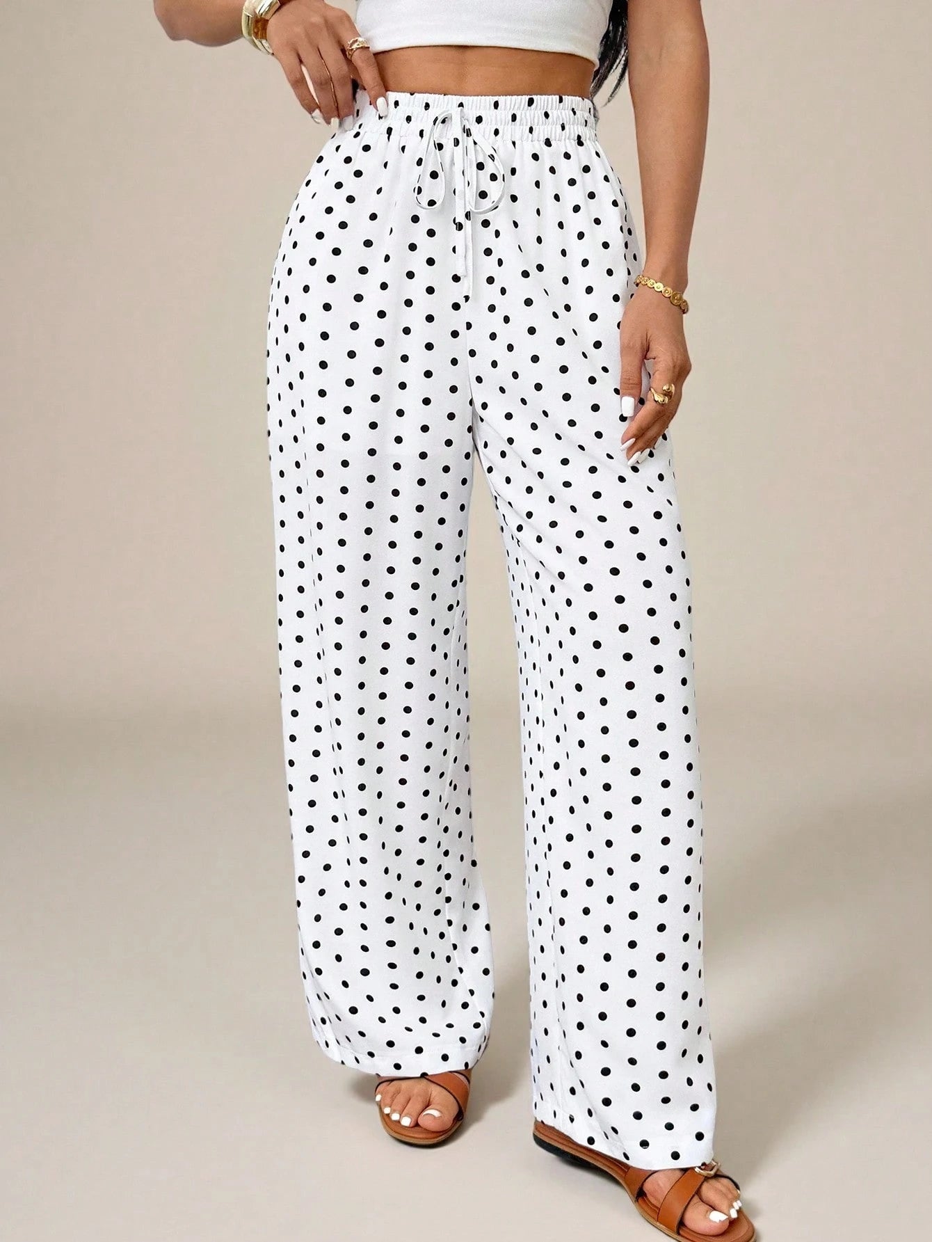PETITE Women's Polka Dot Print Knotted Casual Loose Pants For Vacation, High-Waisted Wide-Leg Straight-Leg Trousers, Draped Autumn White And Black Beach