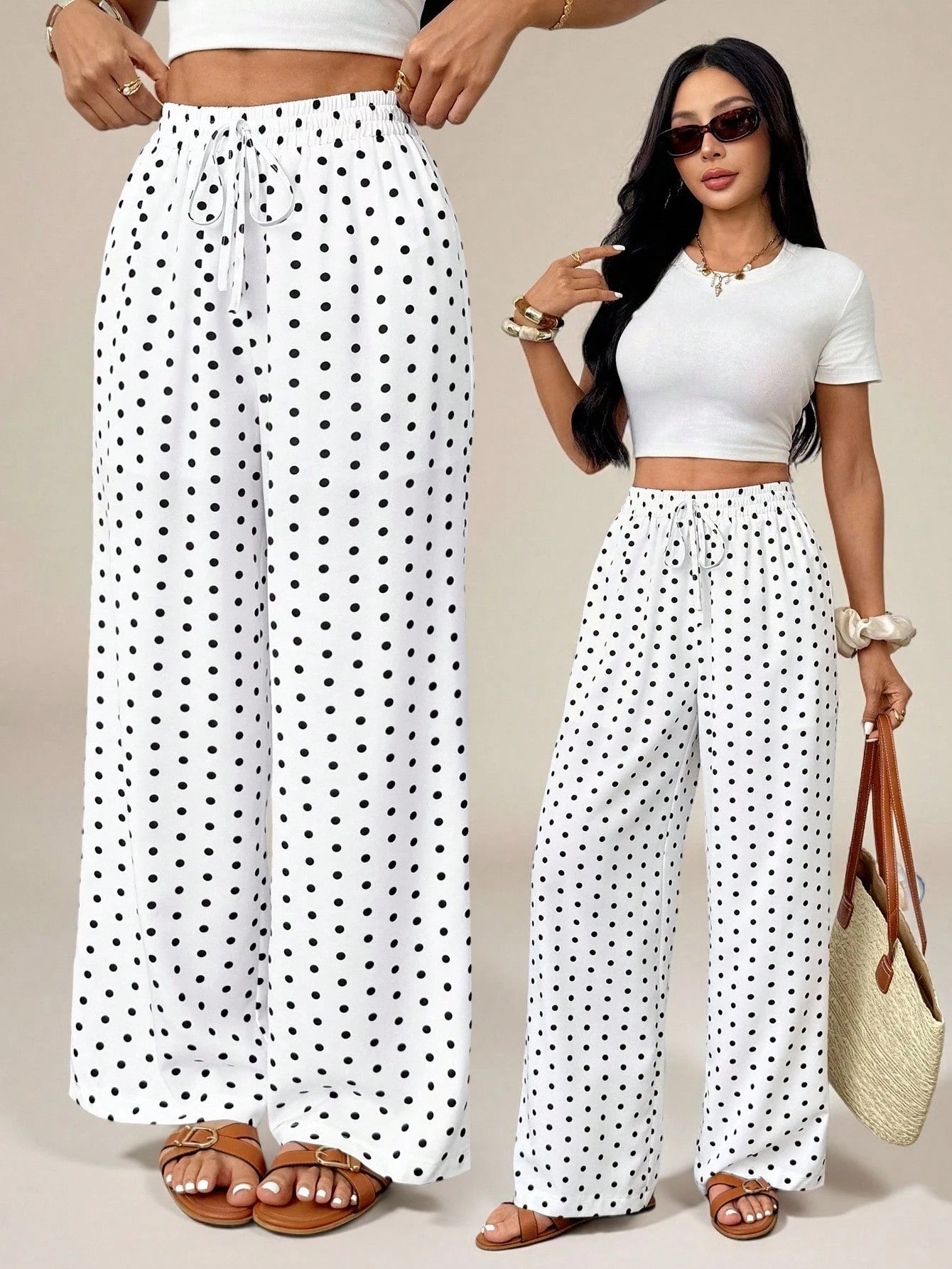 PETITE Women's Polka Dot Print Knotted Casual Loose Pants For Vacation, High-Waisted Wide-Leg Straight-Leg Trousers, Draped Autumn White And Black Beach