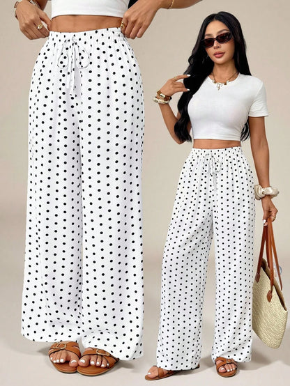 PETITE Women's Polka Dot Print Knotted Casual Loose Pants For Vacation, High-Waisted Wide-Leg Straight-Leg Trousers, Draped Autumn White And Black Beach