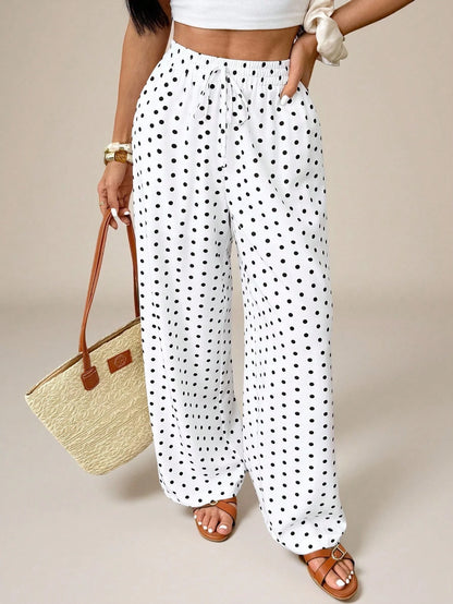 PETITE Women's Polka Dot Print Knotted Casual Loose Pants For Vacation, High-Waisted Wide-Leg Straight-Leg Trousers, Draped Autumn White And Black Beach