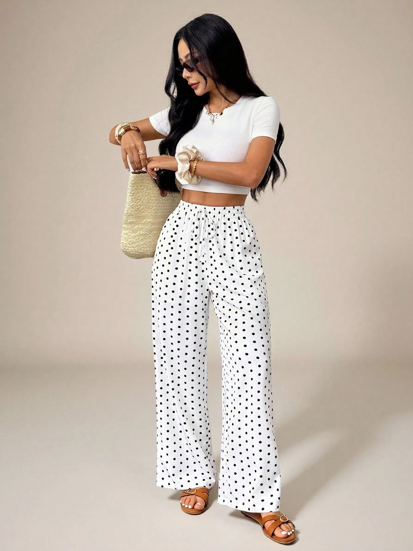 PETITE Women's Polka Dot Print Knotted Casual Loose Pants For Vacation, High-Waisted Wide-Leg Straight-Leg Trousers, Draped Autumn White And Black Beach